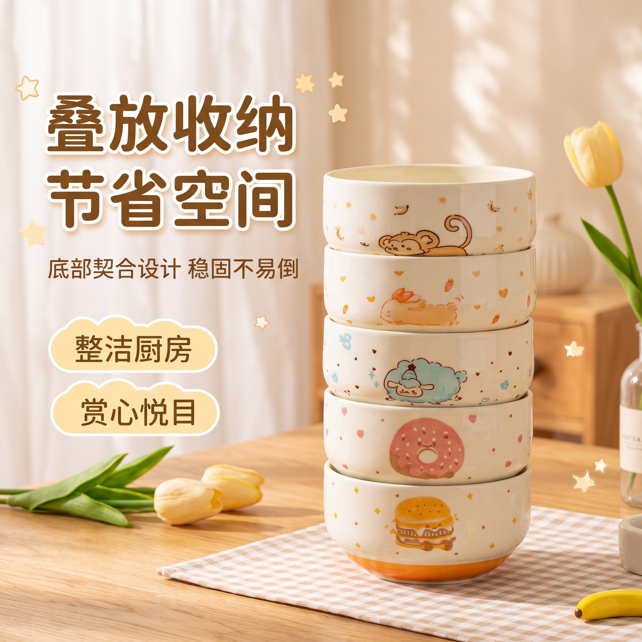 可爱陶瓷家用新款餐具碗碟高颜值饭碗釉下彩甜品碗好看陶瓷米饭碗