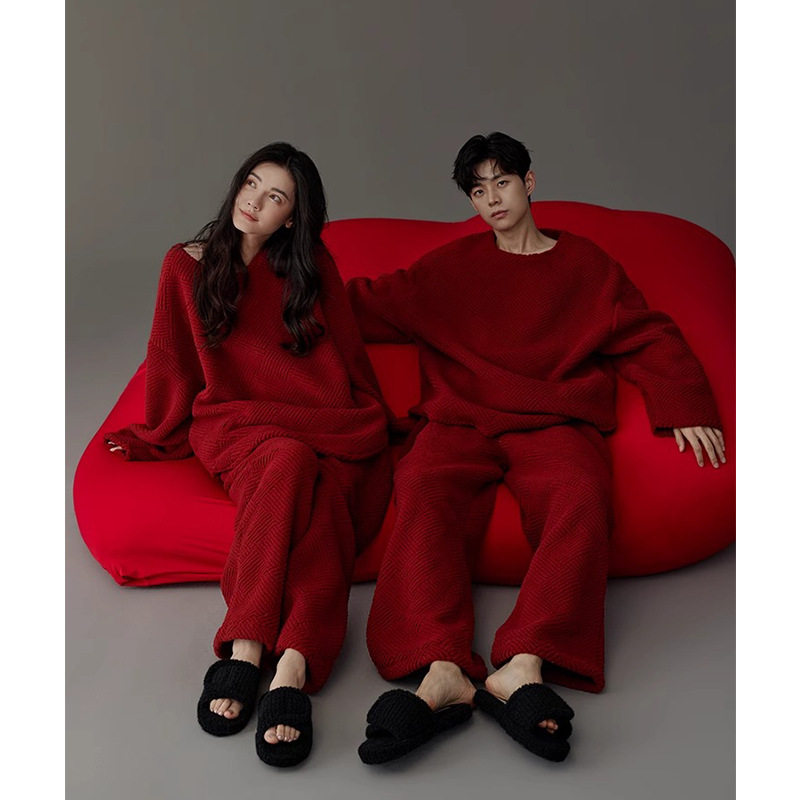 全棉纯棉情侣红色睡衣秋冬季珊瑚绒加厚套装结婚喜庆男女士家居