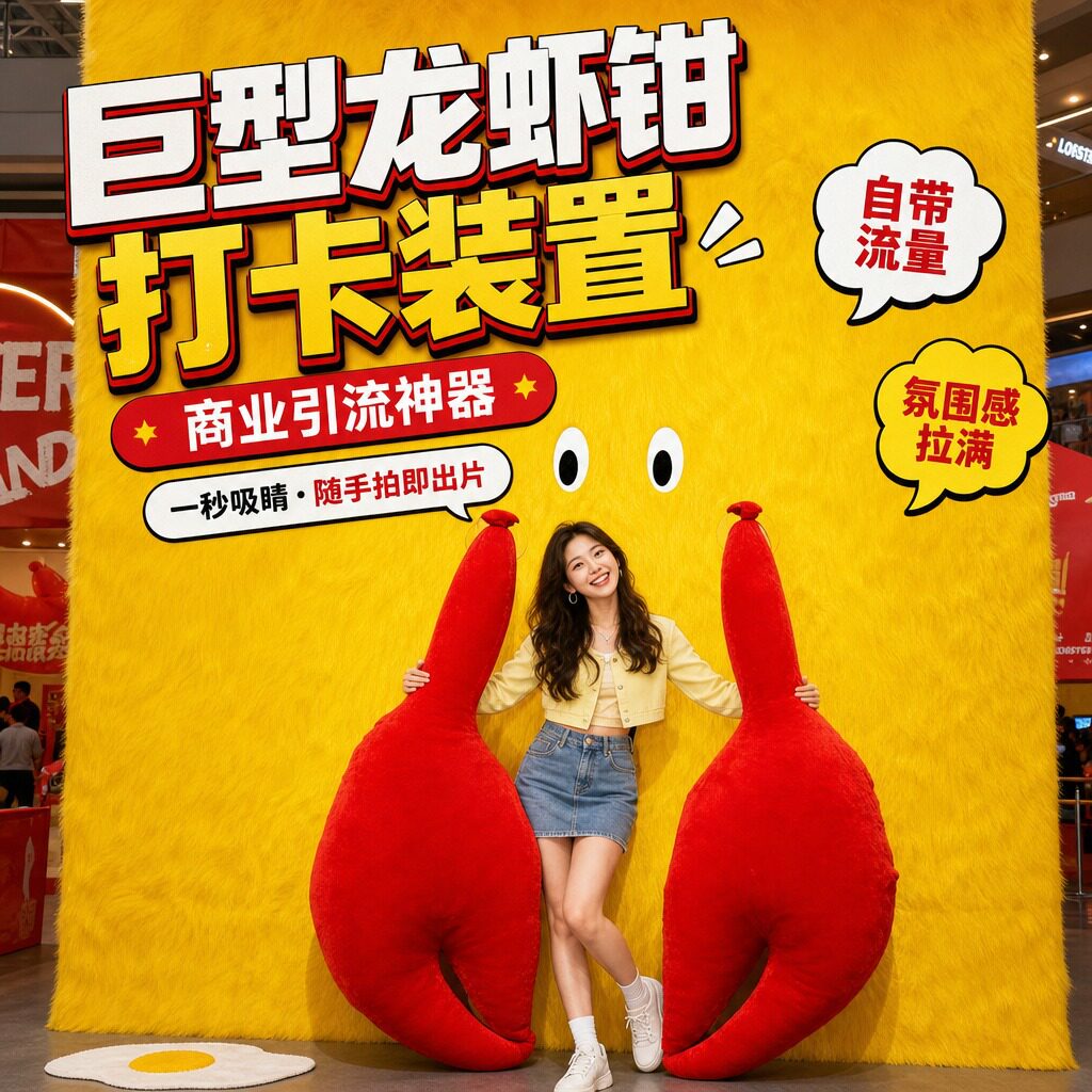 巨型龙虾钳打卡装置商场美陈引流互动拍照道具网红餐厅背景墙布置