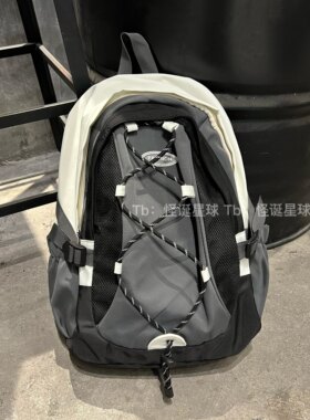 韩版时尚百搭双肩包抽绳复古运动休闲拼色百搭背包黑白灰暗系书包