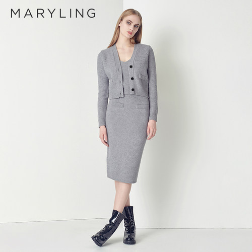 MARYLING百搭烟灰色V领针织开衫