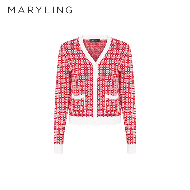 MARYLING玛俪琳奥莱outlets红白格纹V领针织开衫A1FBW08150