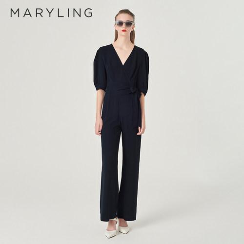 MARYLING玛俪琳奥莱outlets午夜蓝V领装饰腰带连体裤A1EBW57070