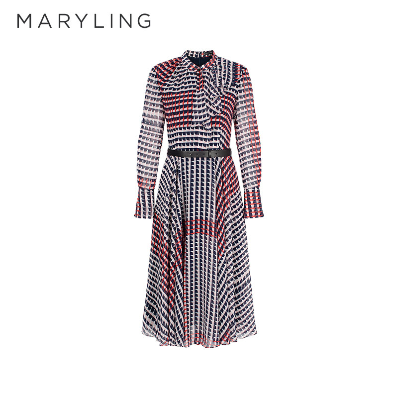 MARYLING玛俪琳奥莱outlets荷叶边千鸟格印花连衣裙A1FAW61770