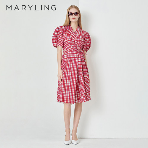 MARYLING灯笼袖格纹连衣裙