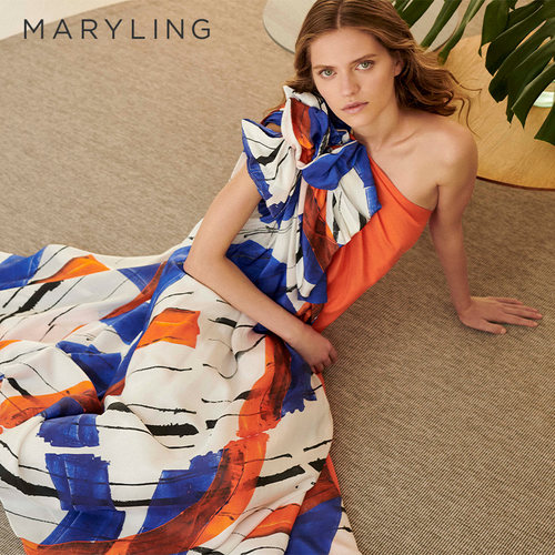 MARYLING印花单肩长连衣裙