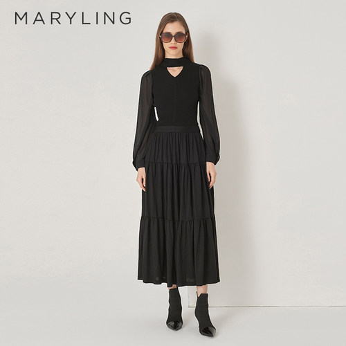 MARYLING玛俪琳奥莱outlets黑色蝴蝶结领针织上衣A1DIW26600