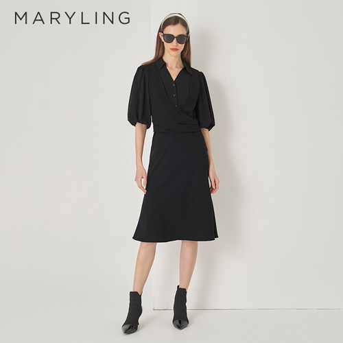 MARYLING收腰V领衬衫式连衣裙