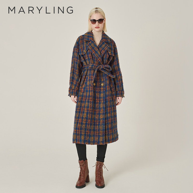 MARYLING玛俪琳初冬新品红蓝格纹双排扣H型大衣A1EHW93350