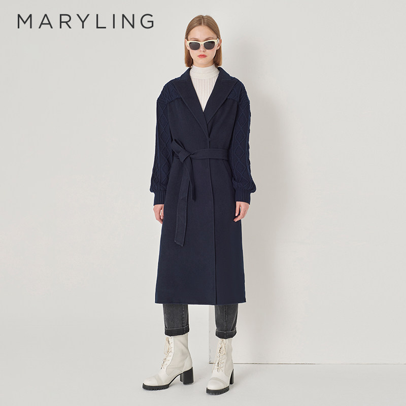 MARYLING玛俪琳奥莱outlets翻领双排扣针织拼接大衣A1DHW93530