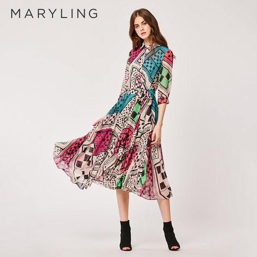 MARYLING印花收腰衬衫连衣裙