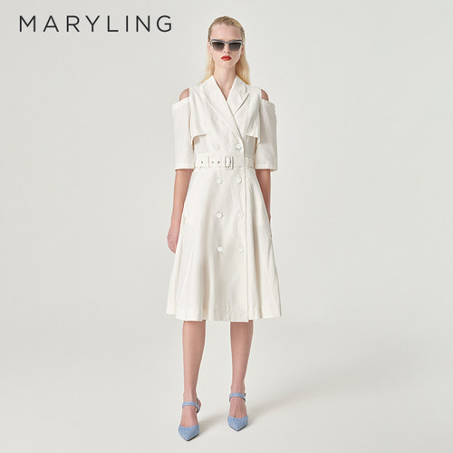 MARYLING玛俪琳奥莱outlets白色翻领设计露肩连衣裙A1EDW64900