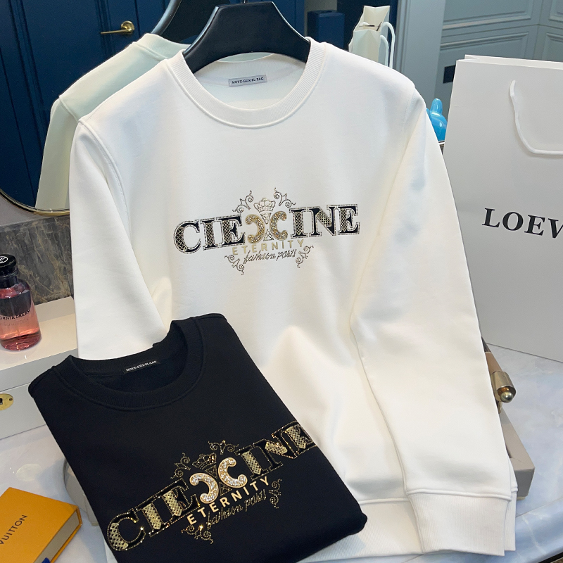 欧货高端时尚潮流圆领黑色卫衣男2025秋冬新款简约百搭修身打底衫