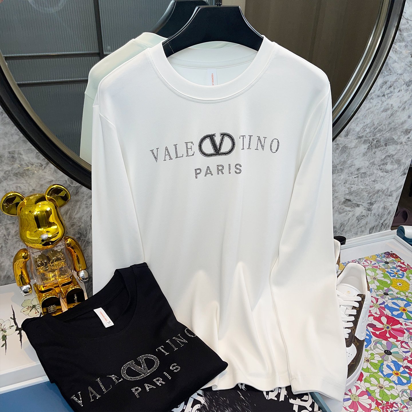 高端欧货长袖T恤男秋冬新款烫钻打底衫百搭情侣装圆领套头衫卫衣