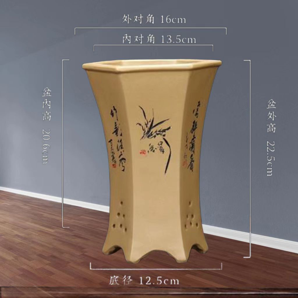宜兴新款黑色款古典桌面紫砂陶瓷兰花盆君子兰吊兰盆栽飘口六方