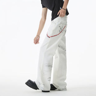 美式高街白色做旧裤链微喇牛仔裤男女同款vibe痞帅休闲校园风长裤
