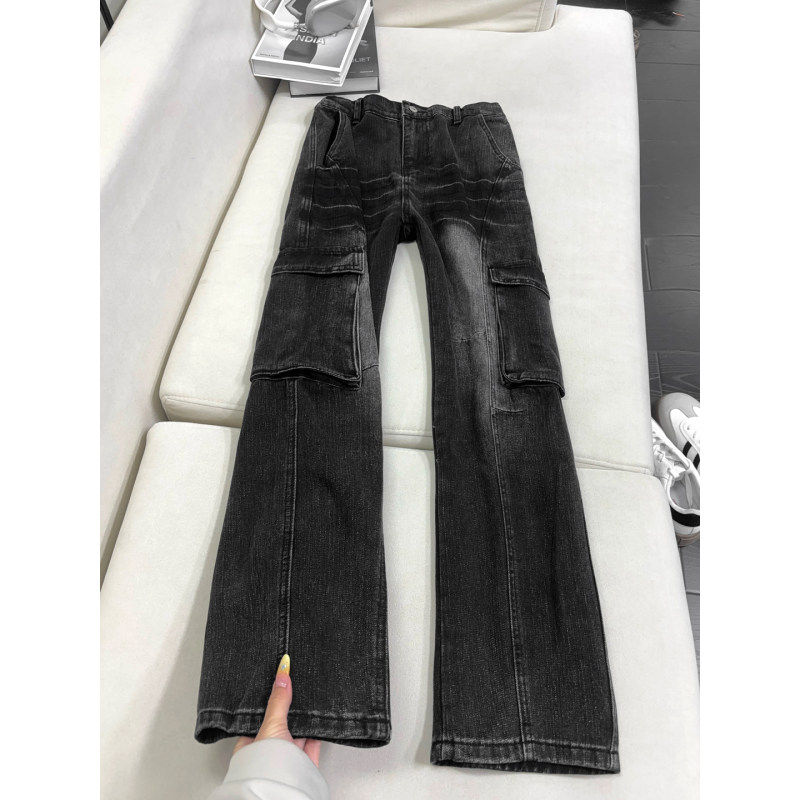 潮男复古蓝竹节纹工装牛仔裤高级感穿搭裤子cleanfit直筒微喇叭裤