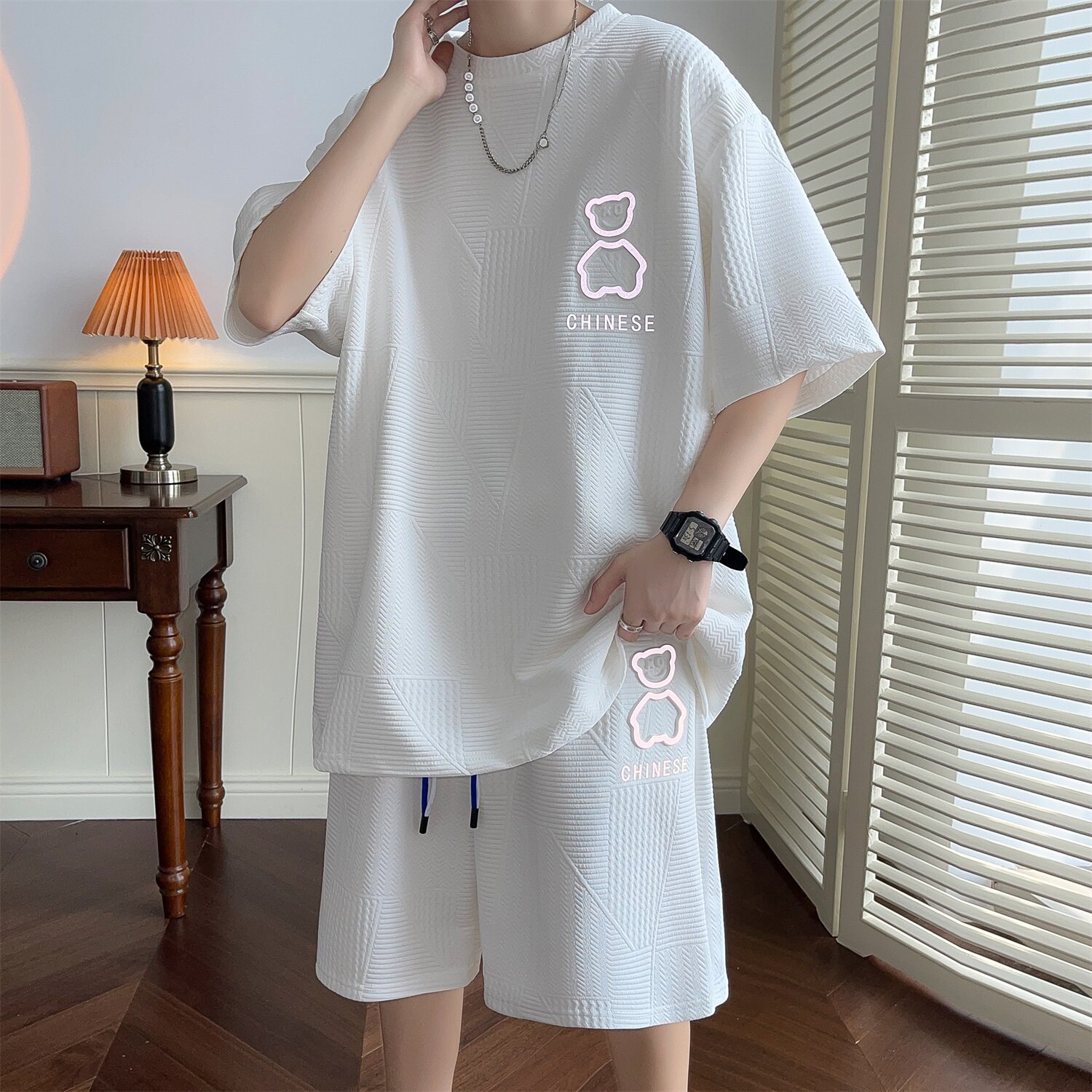 U-ICLER冰丝男士短袖t恤夏季潮流休闲男装一套搭配帅气夏装套装