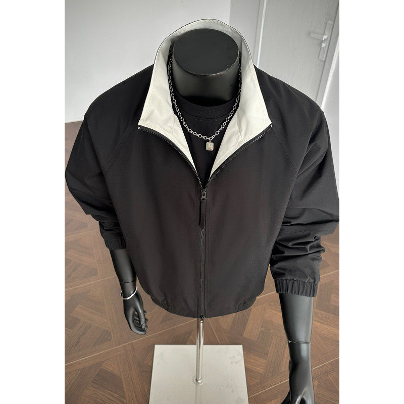 立领拼色夹克潮牌痞帅男款春季宽松休闲风防水外套男帅气运动上衣