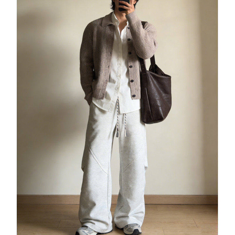 藏青色cleanfit休闲微喇裤美式直筒卫裤男款冬季加绒垂感弯刀裤子