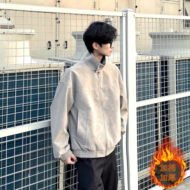 灰色扎染皮衣夹克棉服男款冬季短宽boxy立领机车服羊羔绒保暖外套