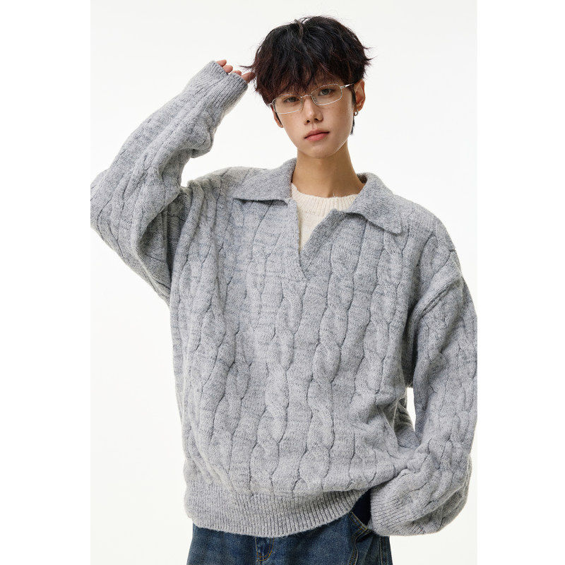 情侣灰色绞花假两件POLO领毛衣女男秋冬季潮牌宽松休闲套头针织衫