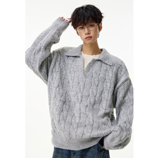 情侣灰色绞花假两件POLO领毛衣女男秋冬季潮牌宽松休闲套头针织衫