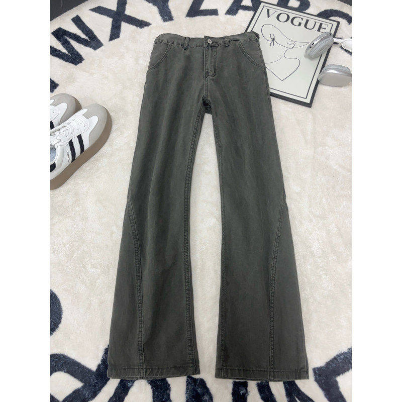 cleanfit纯棉米白色水洗弯刀牛仔裤男款美式高街直筒微喇工装裤子