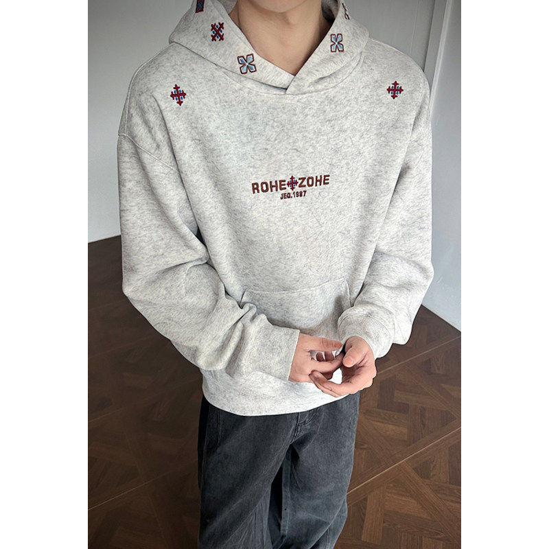 美式重磅cleanfit黑色扎染刺绣连帽卫衣男春季廓形套头衫潮牌外套