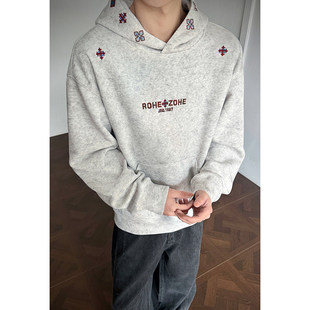 美式重磅cleanfit黑色扎染刺绣连帽卫衣男春季廓形套头衫潮牌外套