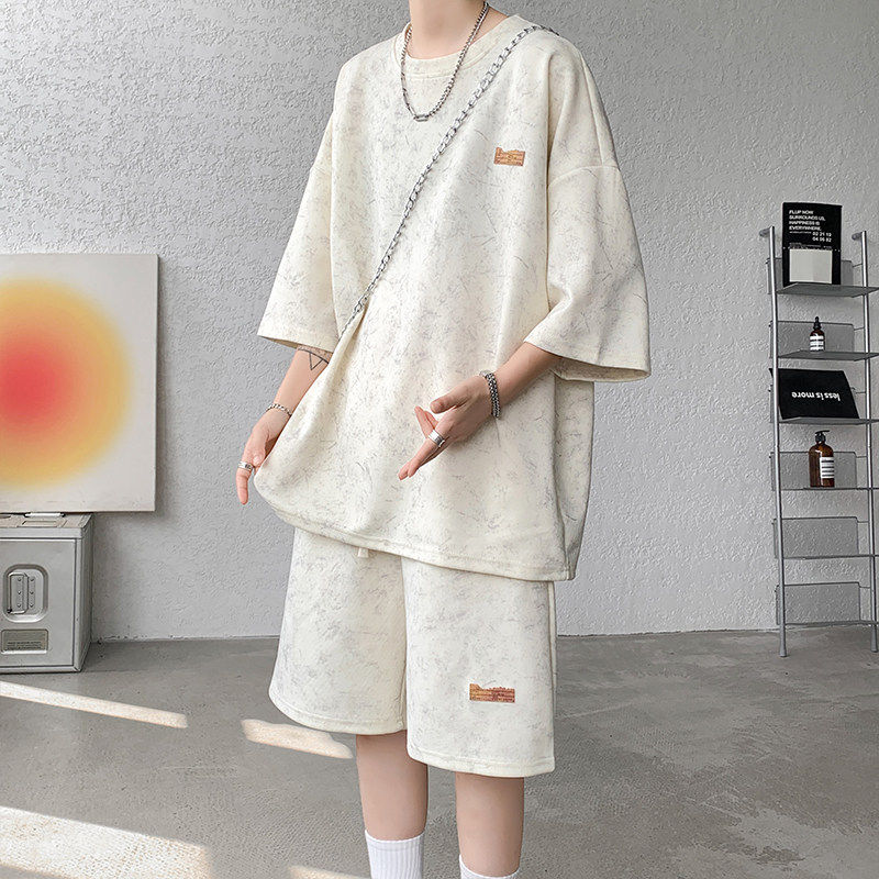 港风ins休闲运动套装男士潮牌痞帅跑步两件套圆领大码T恤短袖短裤