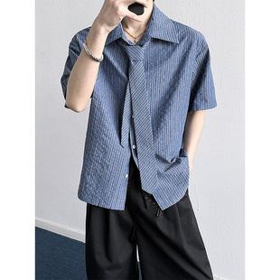 潮流休闲学院风蓝色短袖格子衬衫男款宽松青春百搭五分袖衬衣外套