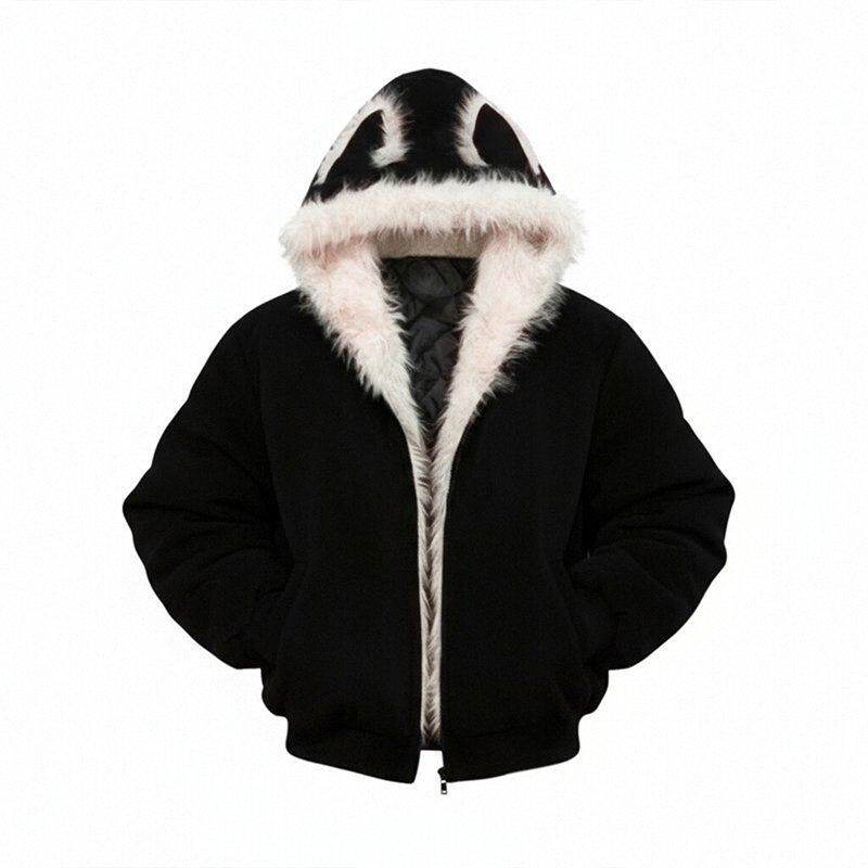 美式高级感猫耳朵毛领连帽棉服男女冬季新款加绒加厚夹克棉衣外套