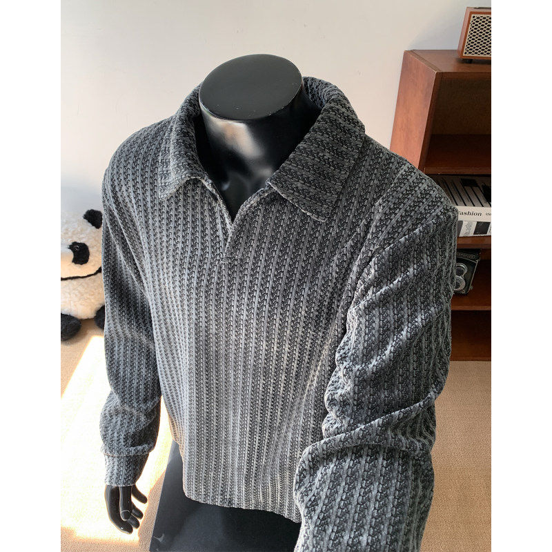 小香风鱼骨纹重磅卫衣男款春季宽松翻领POLO衫打底高级感长袖T恤