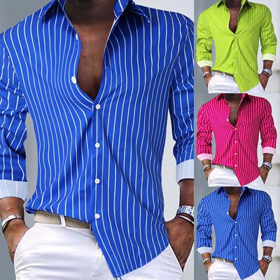 Men's striped contrasting collared shirt男士条纹撞色翻领衬衫