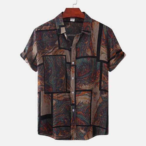 翻领印花短袖衬衫男 Men's collar printed short sleeved shirt