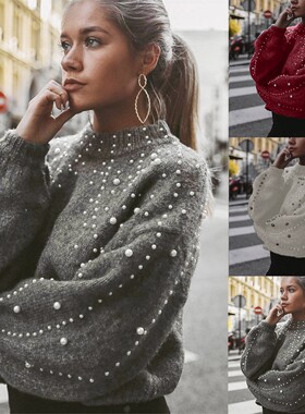 Versatile round neck beaded long-sleeved sweater圆领泡珠针织