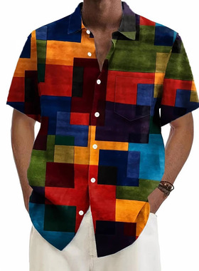 Striped pattern buckle short sleeved shirt条纹花纹单排扣衬衣