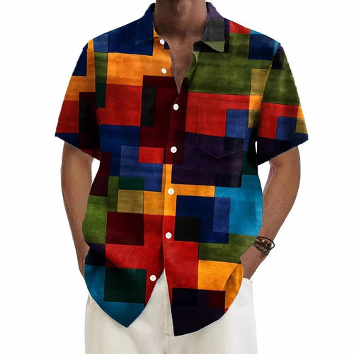 Striped pattern buckle short sleeved shirt条纹花纹单排扣衬衣