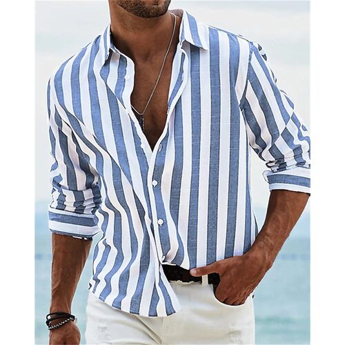 条纹翻领长袖衬衫男 Striped collar long sleeved shirt for men