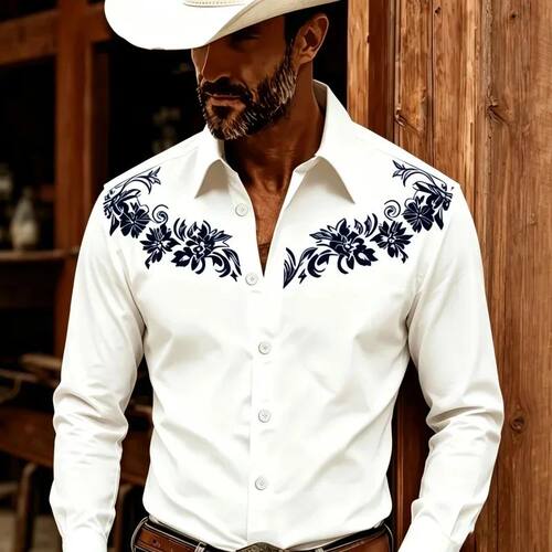 翻领印花长袖衬衫男士 Men's collar printed long sleeved shirt