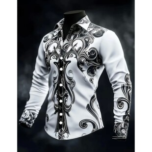 Front printed lapel long sleeved shirt对襟印花翻领长袖衬衣男