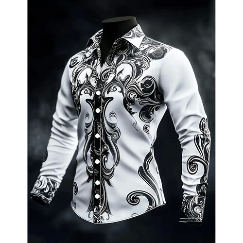 Front printed lapel long sleeved shirt对襟印花翻领长袖衬衣男