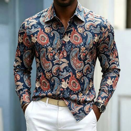 满印翻领长袖衬衫男 Men's Full Print Flared Long Sleeve Shirt