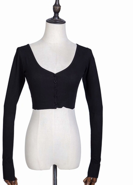 Solid Color V-Neck Cropped Knit Sweater纯色V领短款长袖针织衫