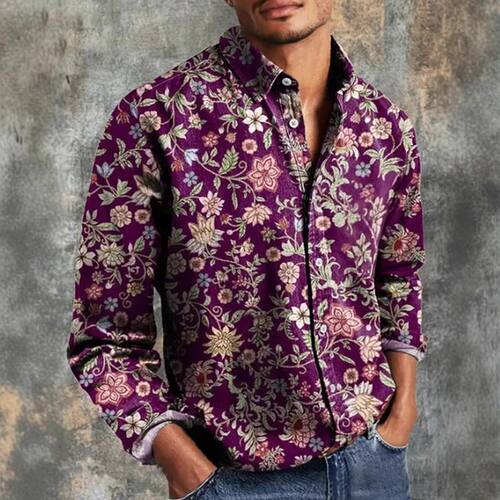 翻领碎花长袖开衫 Collar floral long sleeved cardigan for men
