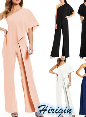 Solid color sloping shoulder waist bodysuit 斜肩收腰连体衣女