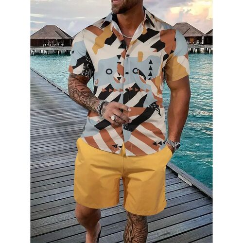 印花系扣短裤两件套Prited buckle shorts two-piece set for men