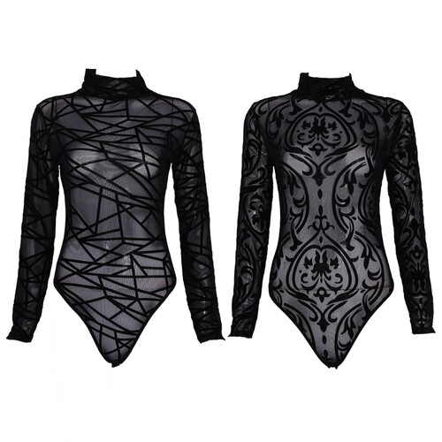 Long Sleeve Turtleneck Lace High Waist Bodysuit蕾丝连体衣女
