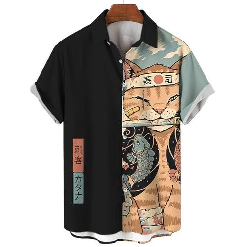 拼接印花短袖男士翻领衬衫Splicing printed short sleeved shirt